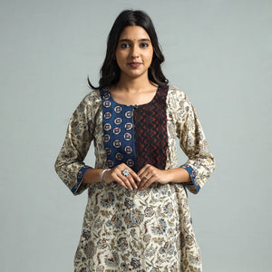 Beige - Pedana Kalamkari Block Printed Cotton Kurta with Palazzo Set