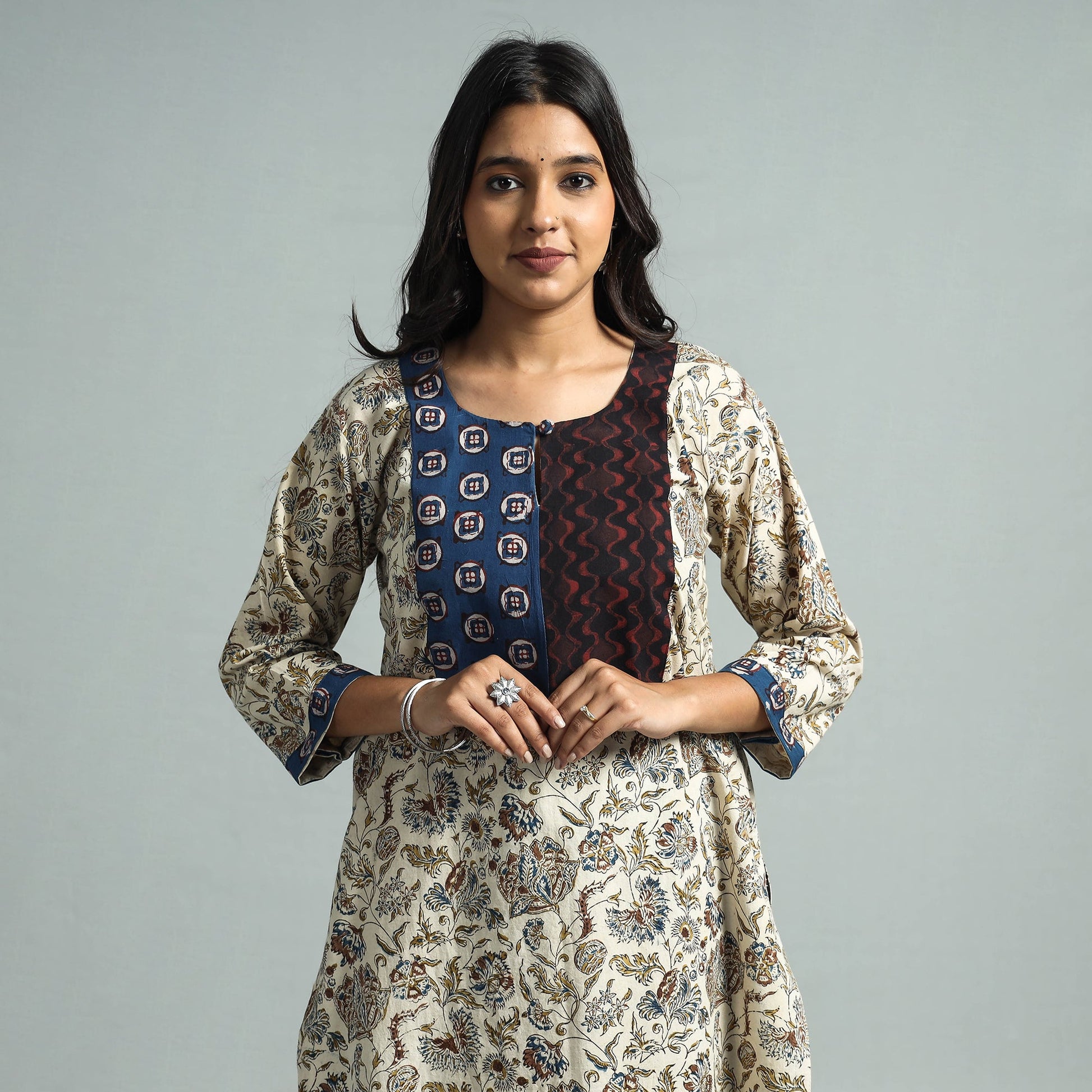 Beige - Pedana Kalamkari Block Printed Cotton Kurta with Palazzo Set