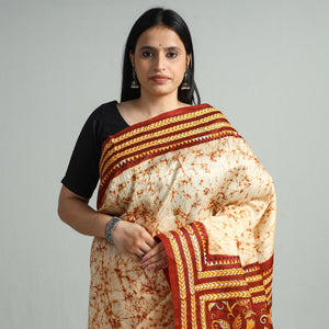 Beige - Kantha Embroidery Tussar Silk Handloom Batik Print Saree 129