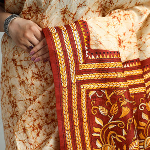 Beige - Kantha Embroidery Tussar Silk Handloom Batik Print Saree 129