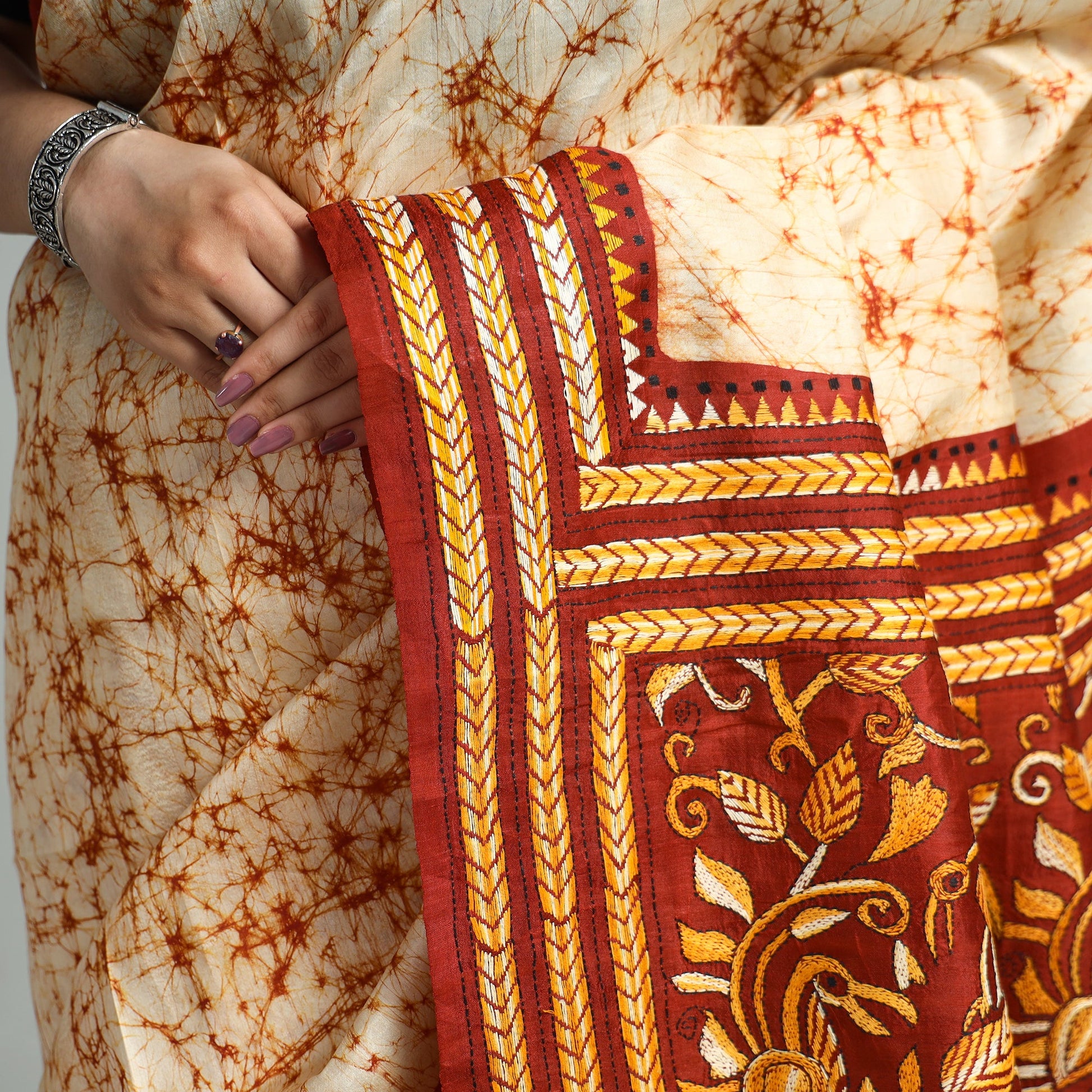 Beige - Kantha Embroidery Tussar Silk Handloom Batik Print Saree 129