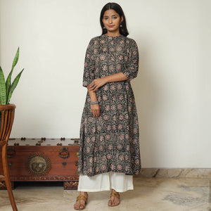 Black - Kalamkari Hand Block Printed Cotton A-Line Kurta 12