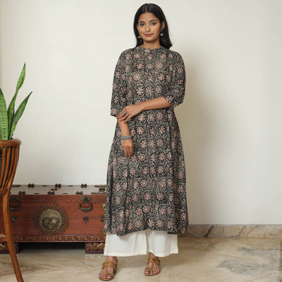 Black - Kalamkari Hand Block Printed Cotton A-Line Kurta 12