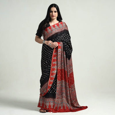 Black - Bandhani Block Printed Ajrakh Modal Silk Saree