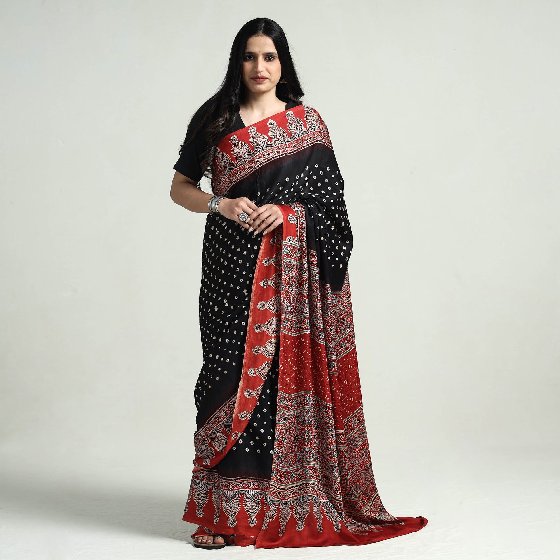 Black - Bandhani Block Printed Ajrakh Modal Silk Saree