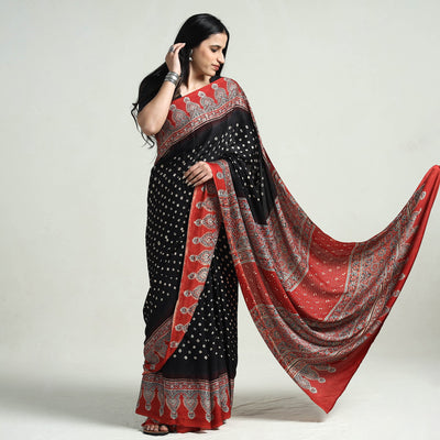 Black - Bandhani Block Printed Ajrakh Modal Silk Saree