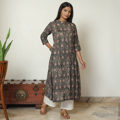 Black - Kalamkari Hand Block Printed Cotton A-Line Kurta 12