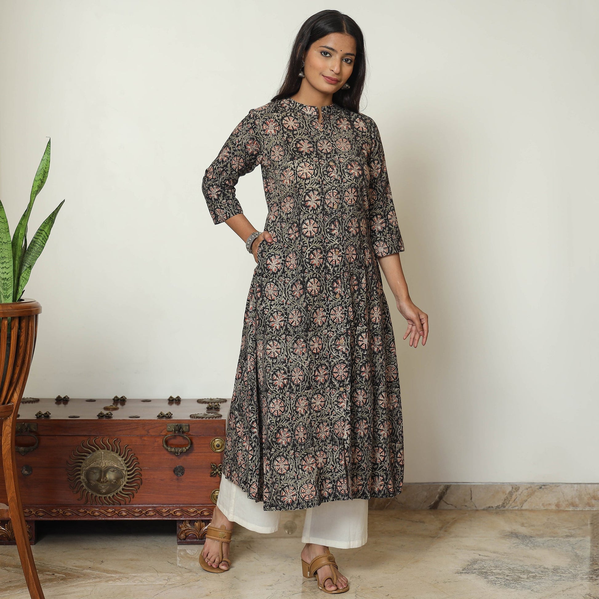 Black - Kalamkari Hand Block Printed Cotton A-Line Kurta 12