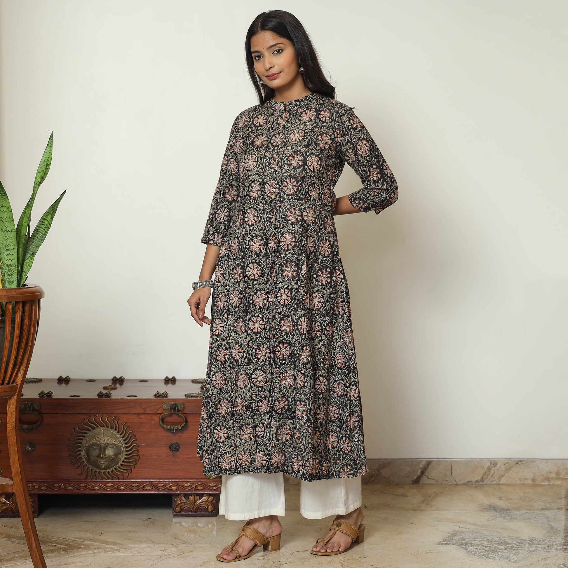 Black - Kalamkari Hand Block Printed Cotton A-Line Kurta 12
