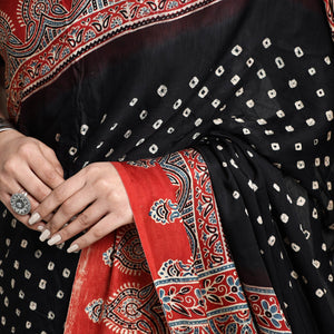 Black - Bandhani Block Printed Ajrakh Modal Silk Saree