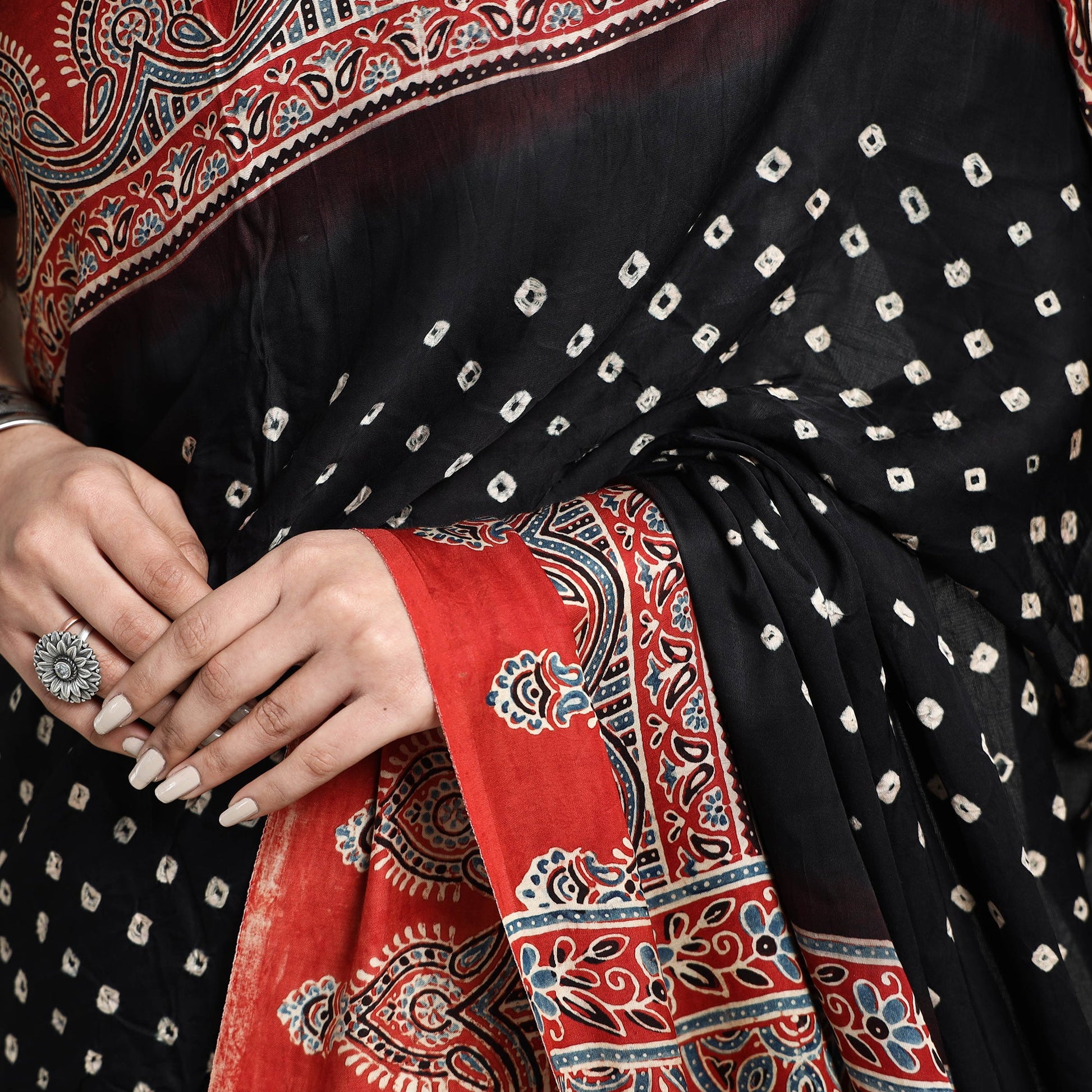 Black - Bandhani Block Printed Ajrakh Modal Silk Saree