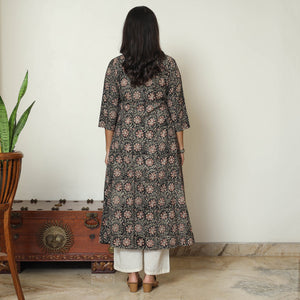 Black - Kalamkari Hand Block Printed Cotton A-Line Kurta 12