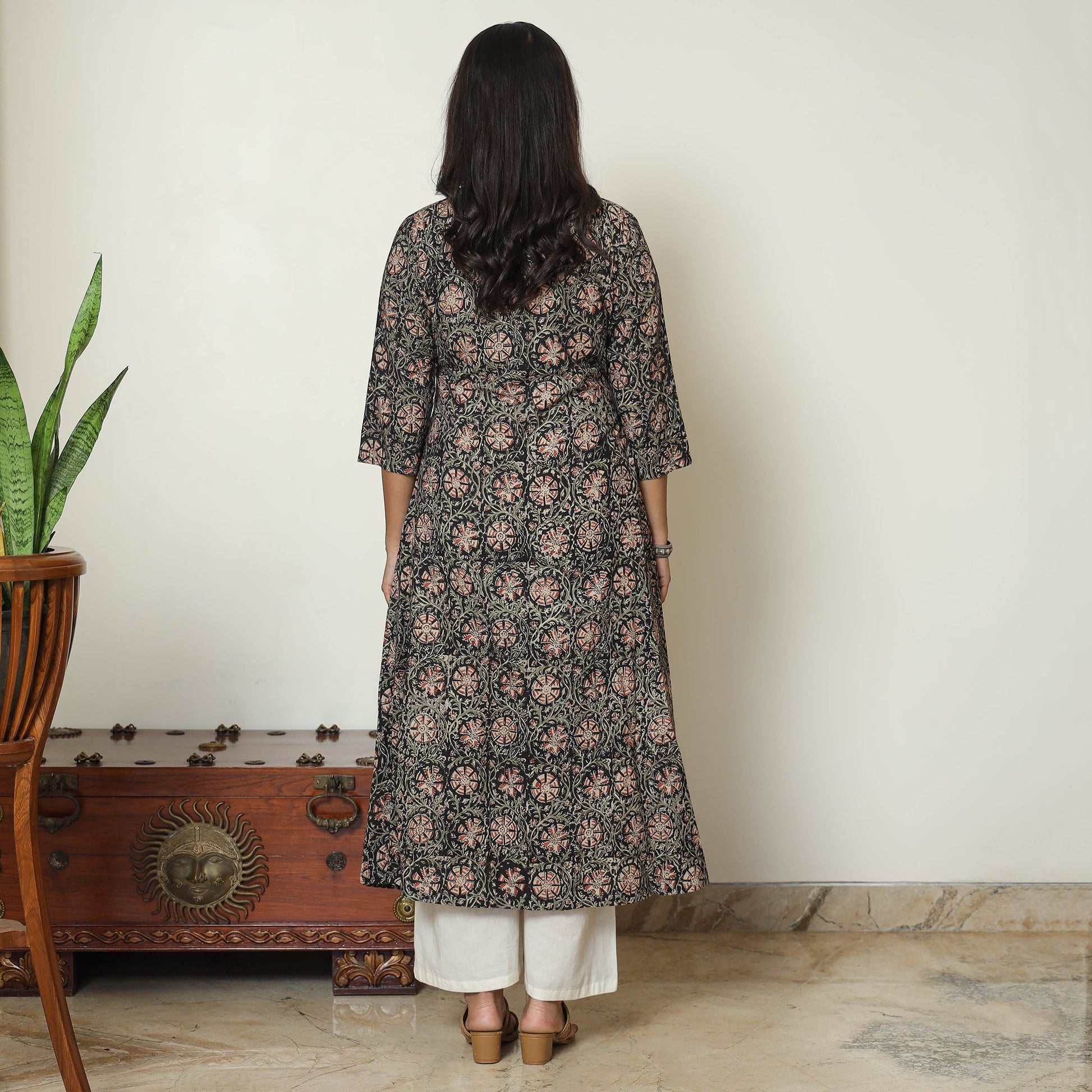 Black - Kalamkari Hand Block Printed Cotton A-Line Kurta 12