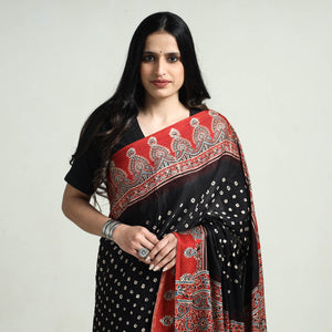Black - Bandhani Block Printed Ajrakh Modal Silk Saree