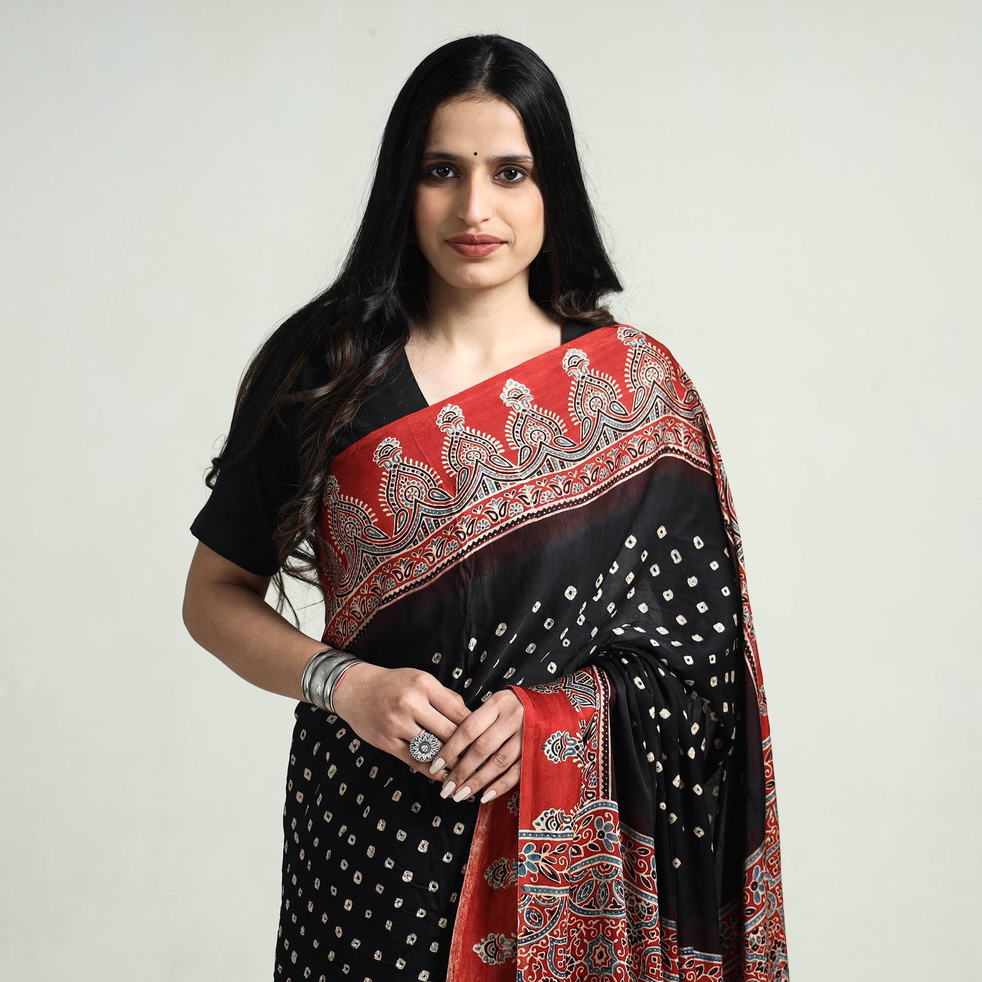 Black - Bandhani Block Printed Ajrakh Modal Silk Saree