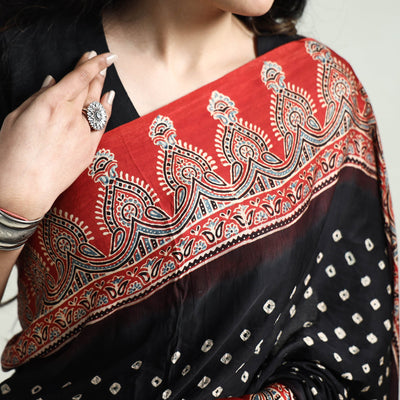 Black - Bandhani Block Printed Ajrakh Modal Silk Saree