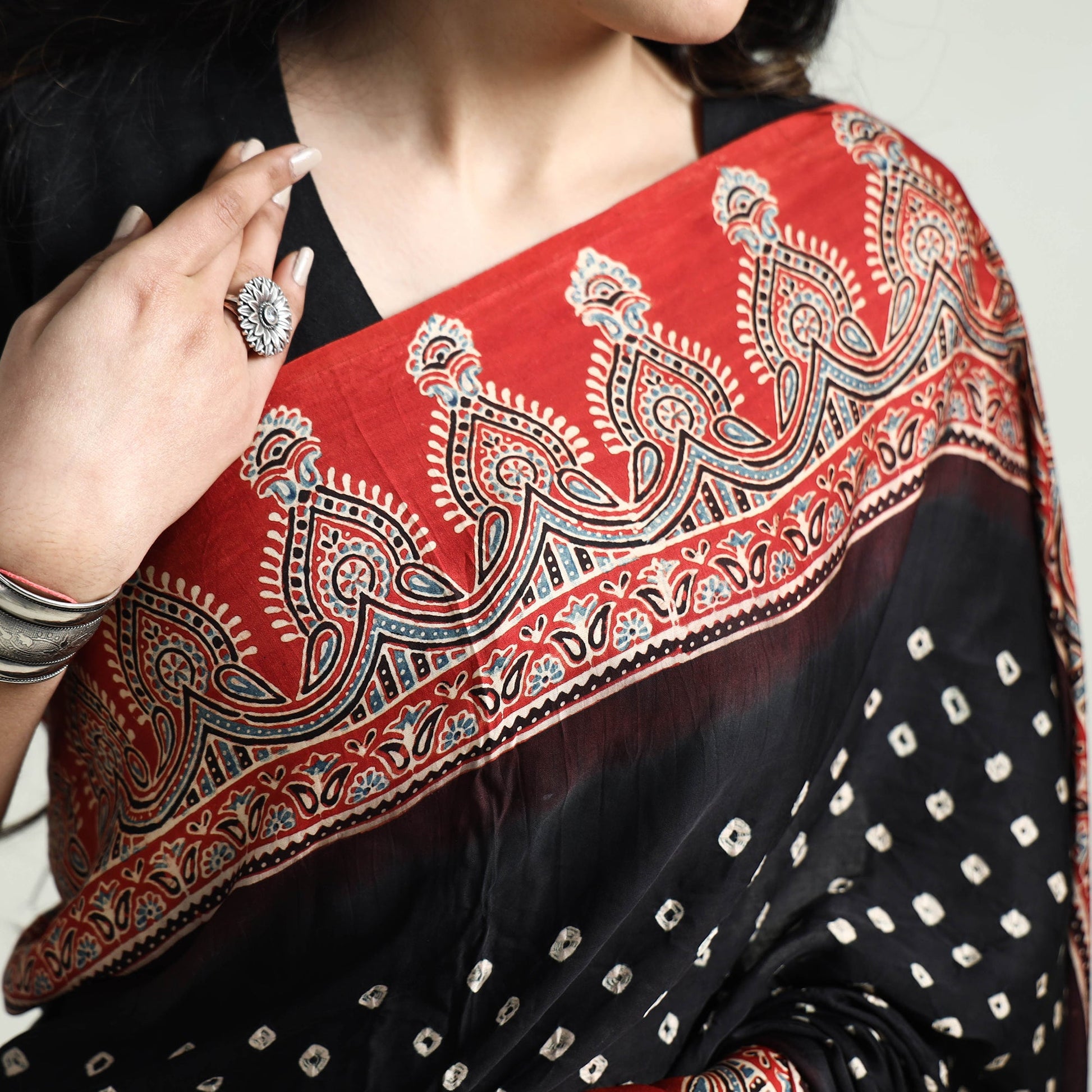 Black - Bandhani Block Printed Ajrakh Modal Silk Saree