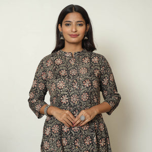 Black - Kalamkari Hand Block Printed Cotton A-Line Kurta 12
