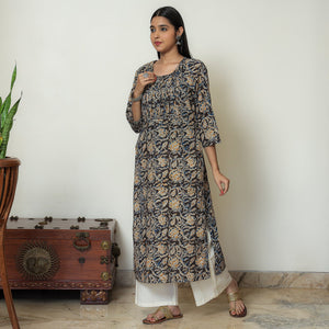 Black - Kalamkari Hand Block Printed Cotton Pintuck Straight Kurta 08