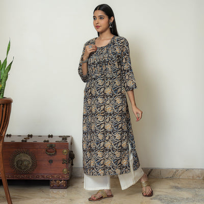 Black - Kalamkari Hand Block Printed Cotton Pintuck Straight Kurta 08