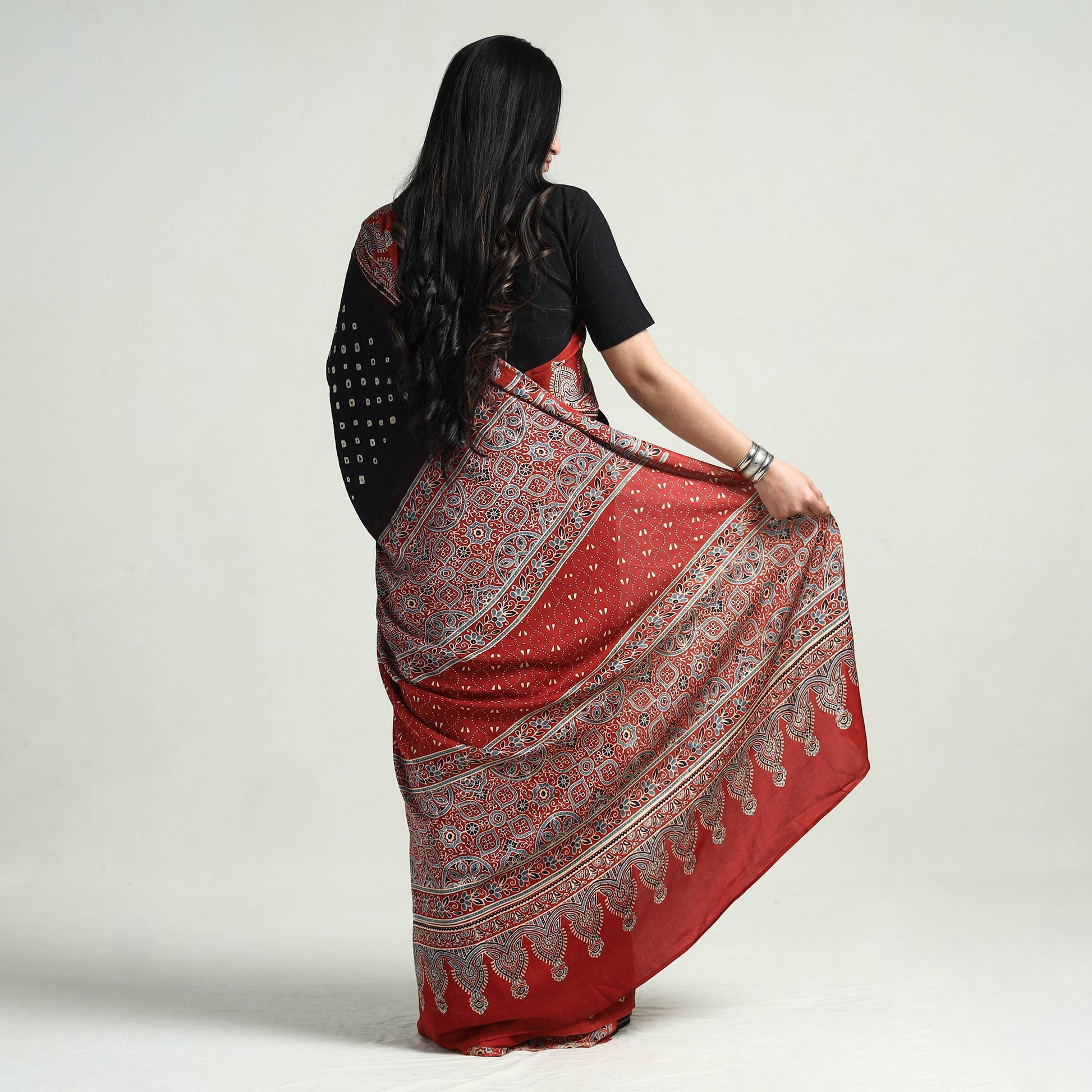 Black - Bandhani Block Printed Ajrakh Modal Silk Saree