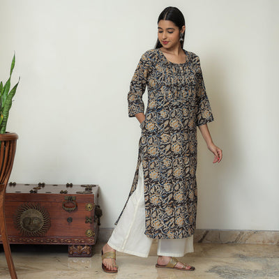 Black - Kalamkari Hand Block Printed Cotton Pintuck Straight Kurta 08