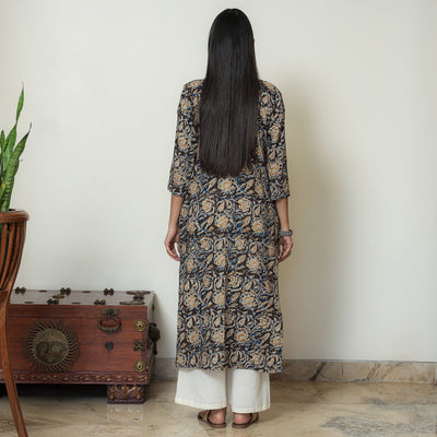 Black - Kalamkari Hand Block Printed Cotton Pintuck Straight Kurta 08