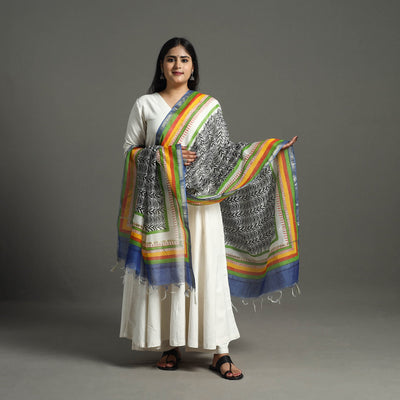 Black - Block Printed Chanderi Silk Bagru Dupatta 95