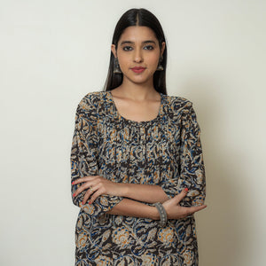 Black - Kalamkari Hand Block Printed Cotton Pintuck Straight Kurta 08