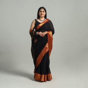 Black - Dharwad Cotton Saree with Zari Border