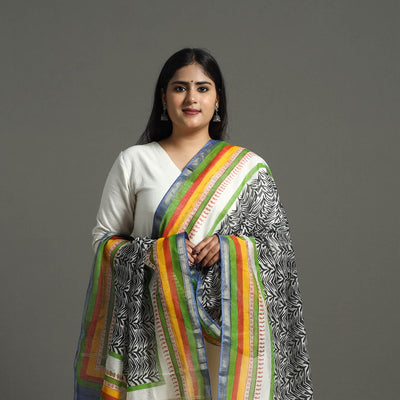 Black - Block Printed Chanderi Silk Bagru Dupatta 95