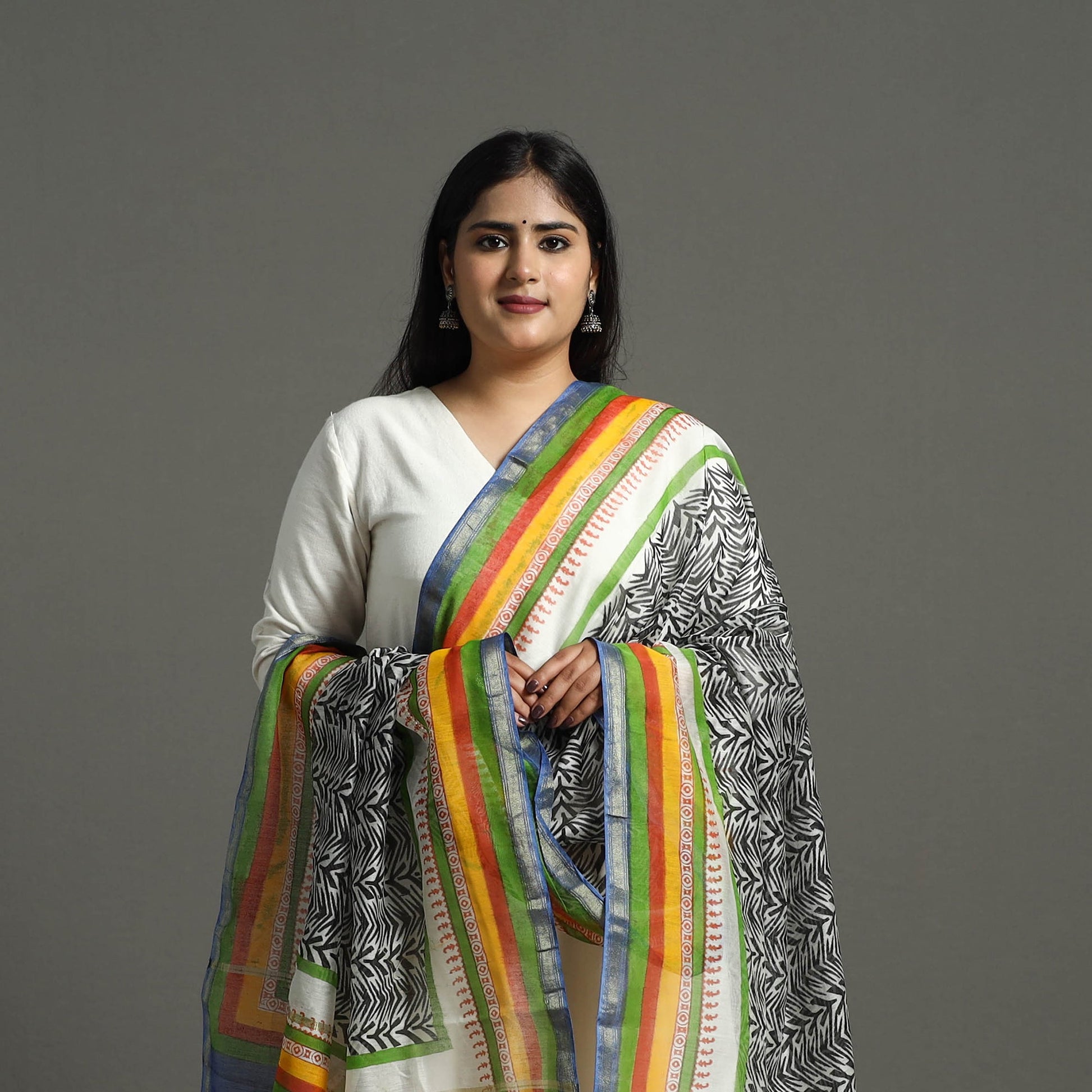 Black - Block Printed Chanderi Silk Bagru Dupatta 95