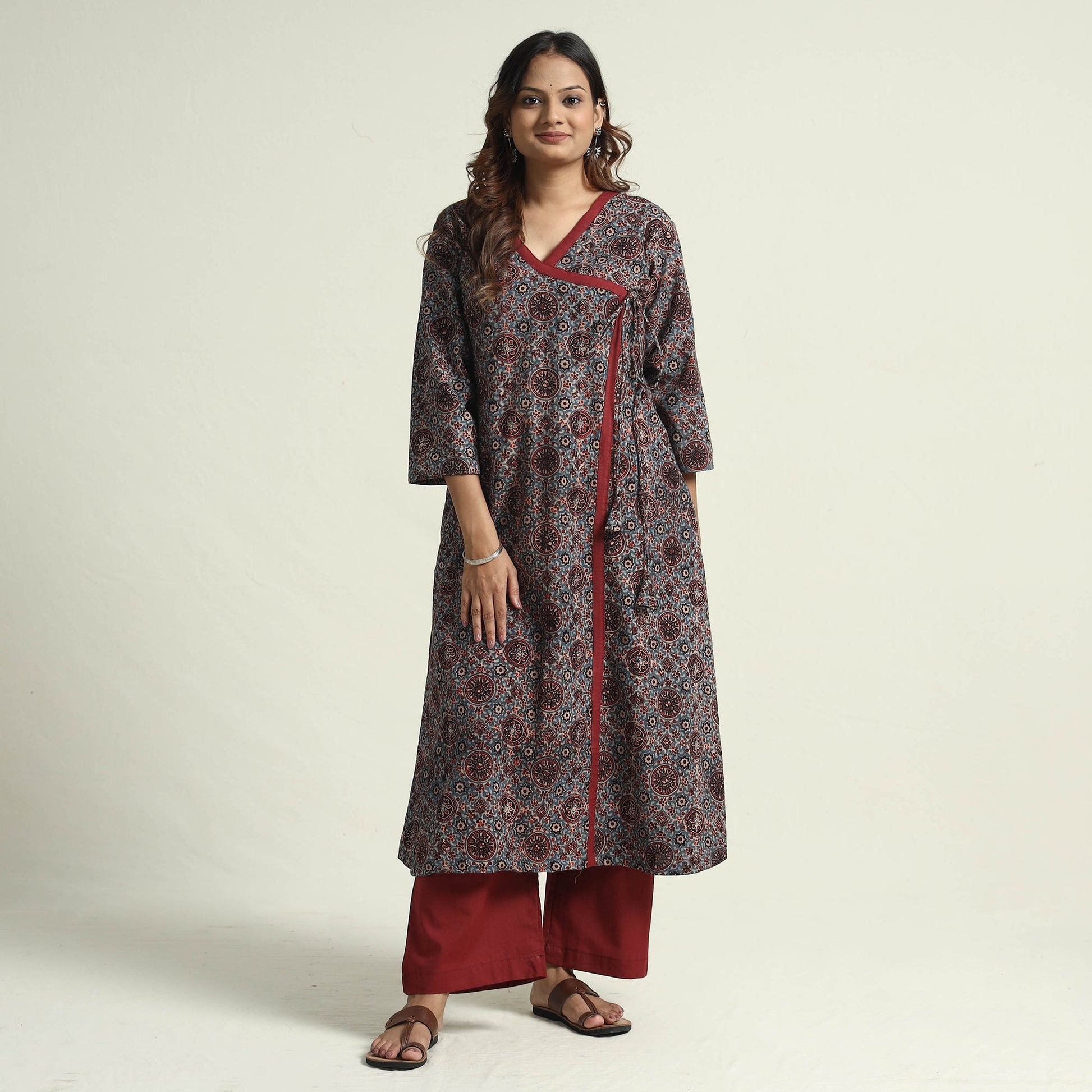 Blue - Block Print Cotton Flared Ajrakh Kurta with Palazzo Set