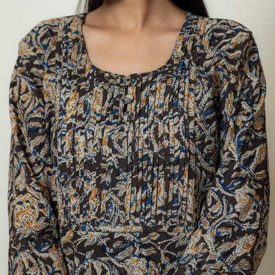 Black - Kalamkari Hand Block Printed Cotton Pintuck Straight Kurta 08