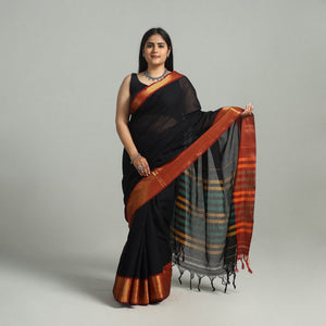 Black - Dharwad Cotton Saree with Zari Border