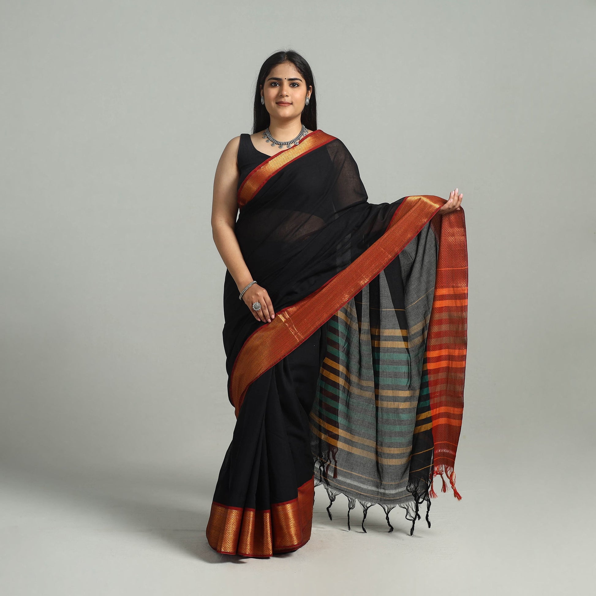 Black - Dharwad Cotton Saree with Zari Border