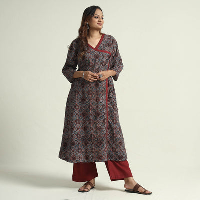 Blue - Block Print Cotton Flared Ajrakh Kurta with Palazzo Set
