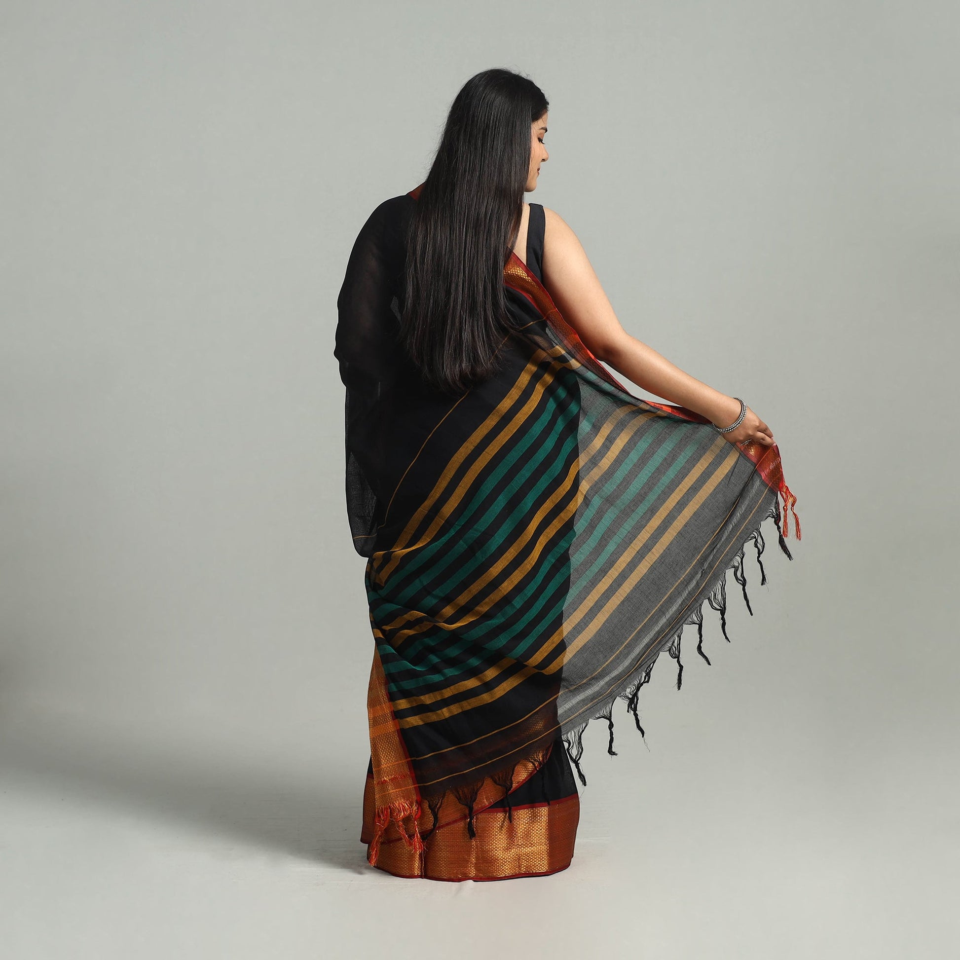Black - Dharwad Cotton Saree with Zari Border