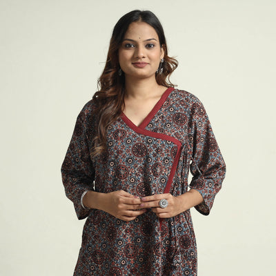 Blue - Block Print Cotton Flared Ajrakh Kurta with Palazzo Set
