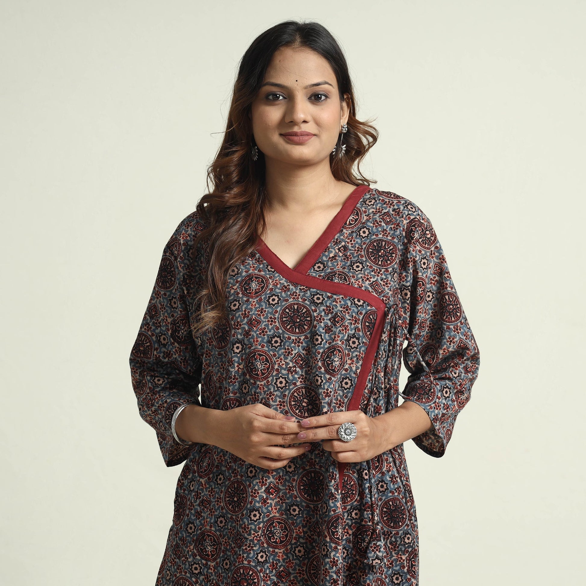 Blue - Block Print Cotton Flared Ajrakh Kurta with Palazzo Set