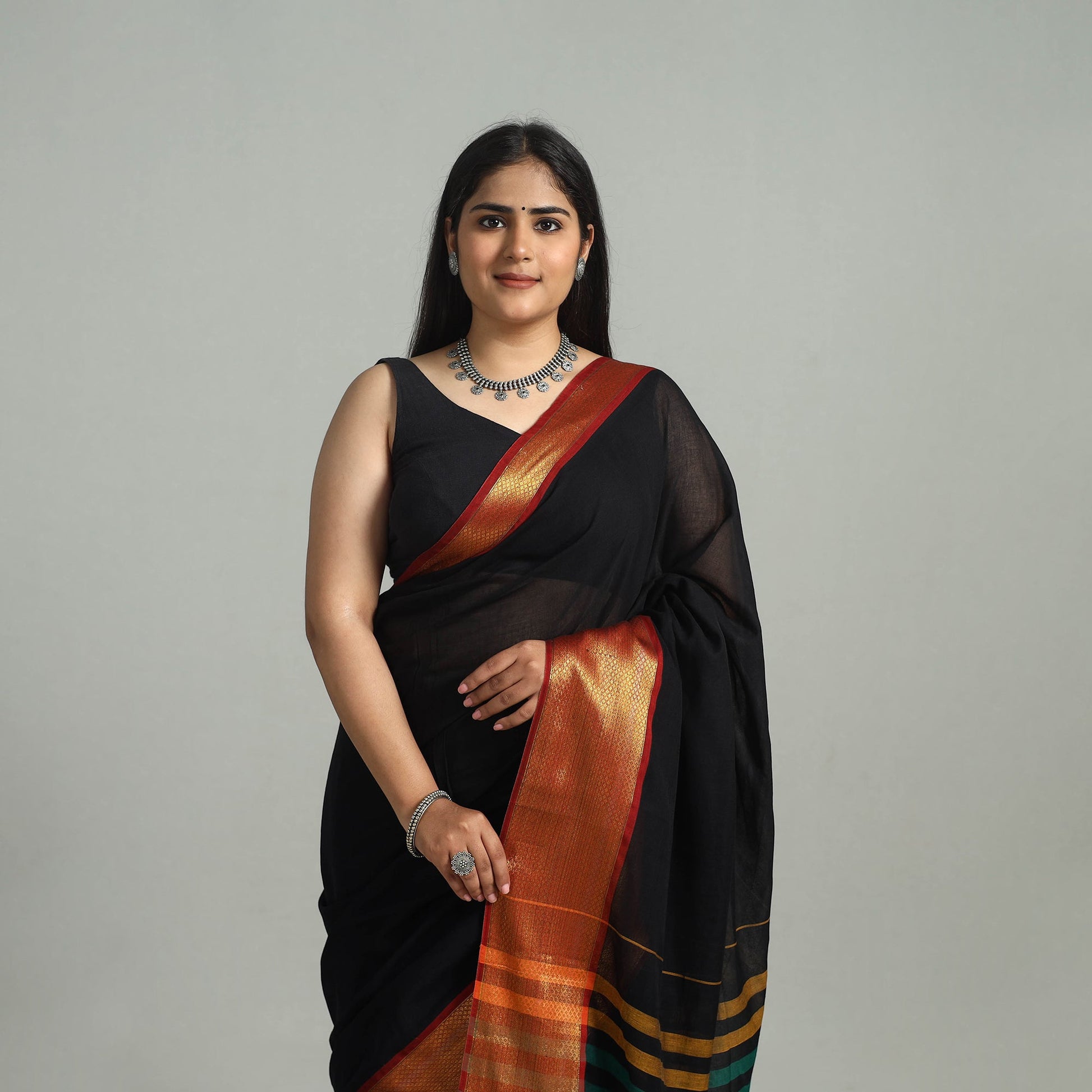 Black - Dharwad Cotton Saree with Zari Border