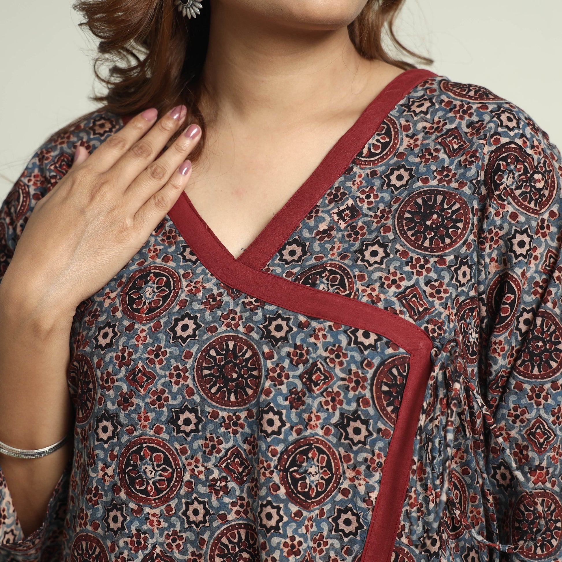Blue - Block Print Cotton Flared Ajrakh Kurta with Palazzo Set