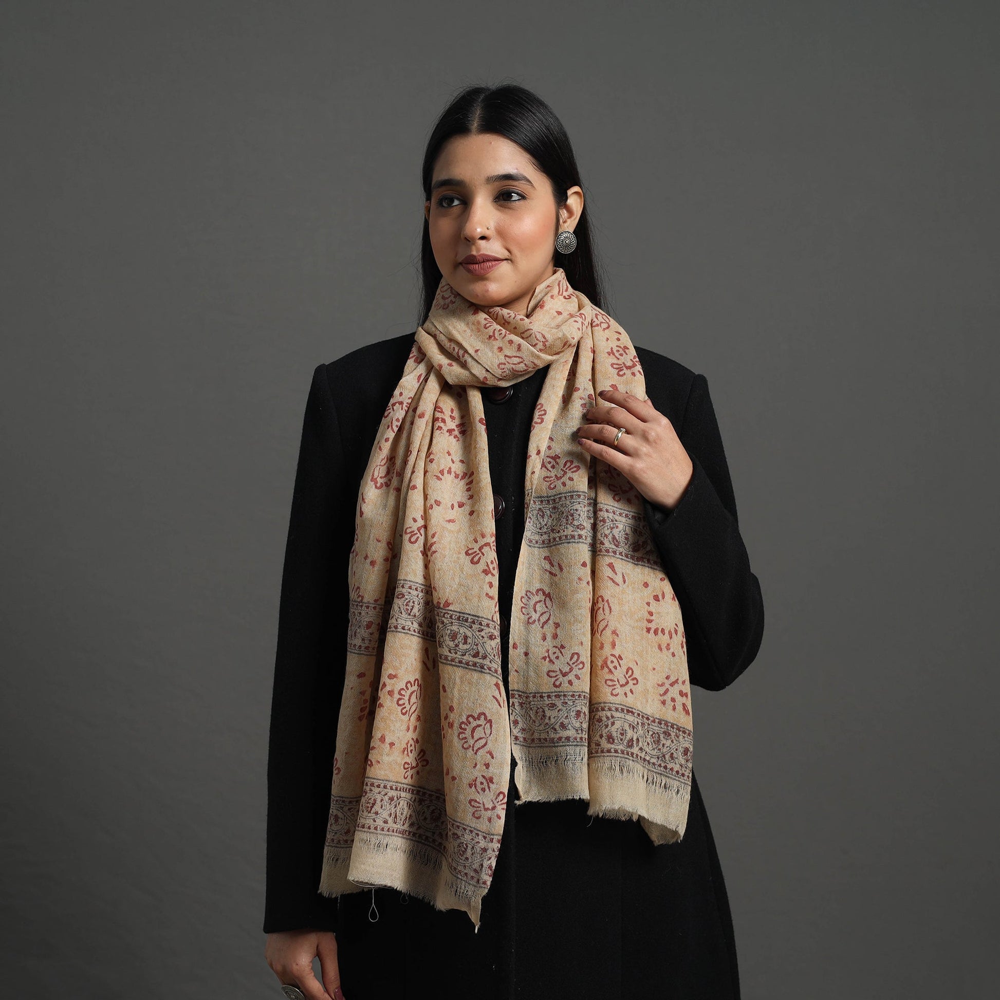 Beige - Block Print Pedana Kalamkari Wool Stole 01