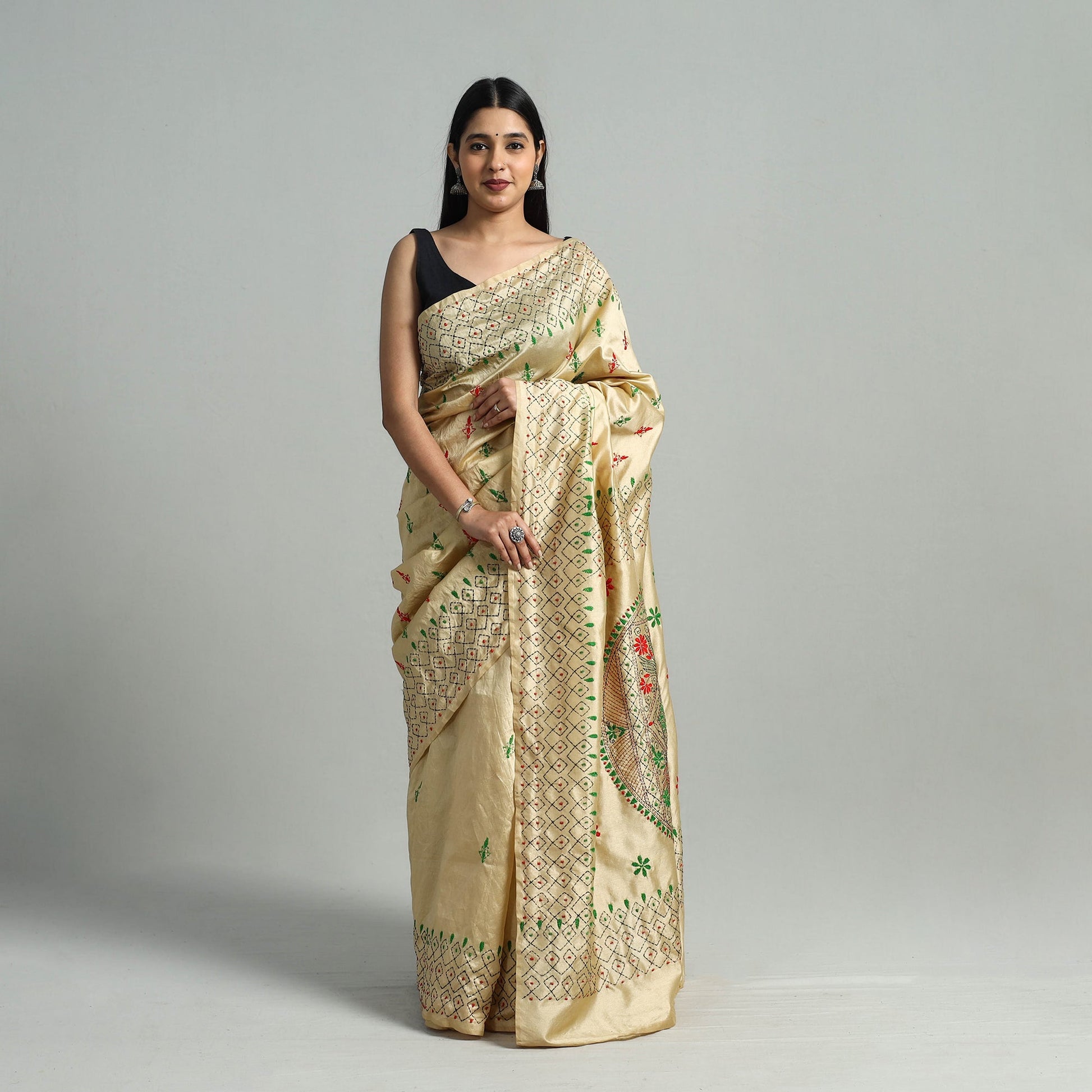 Beige - Bengal Silk Nakshi Kantha Hand Embroidery Saree 07