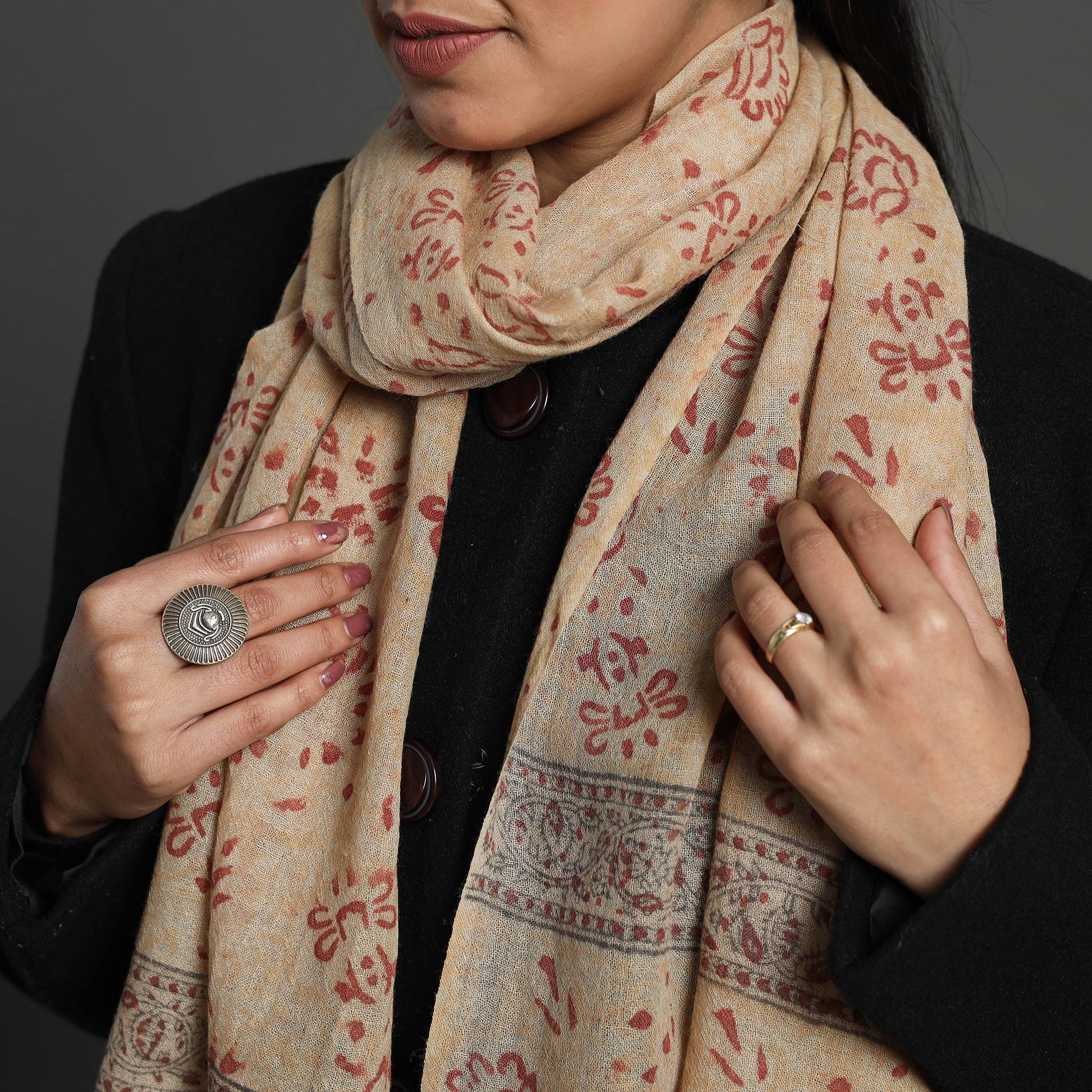 Beige - Block Print Pedana Kalamkari Wool Stole 01