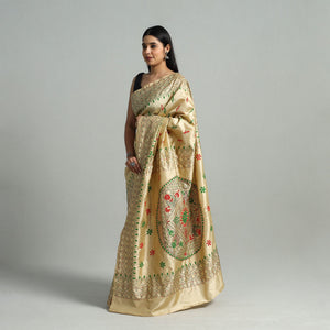 Beige - Bengal Silk Nakshi Kantha Hand Embroidery Saree 07