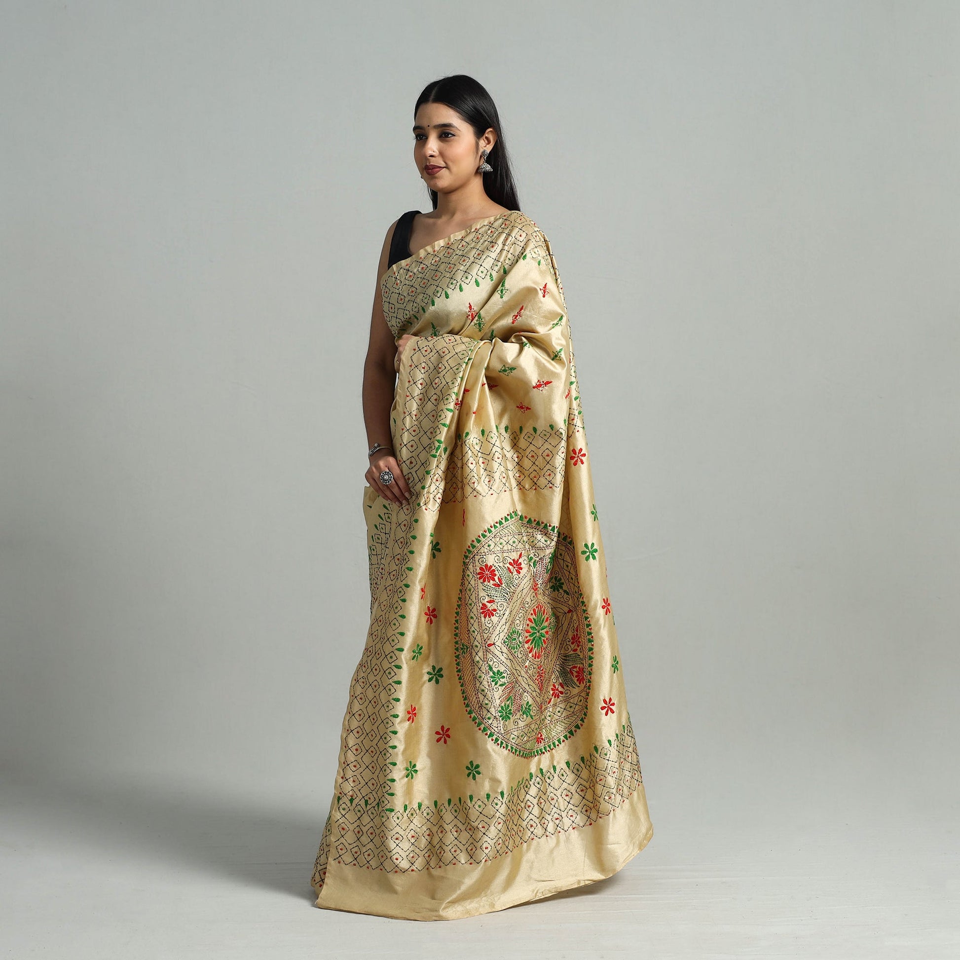Beige - Bengal Silk Nakshi Kantha Hand Embroidery Saree 07