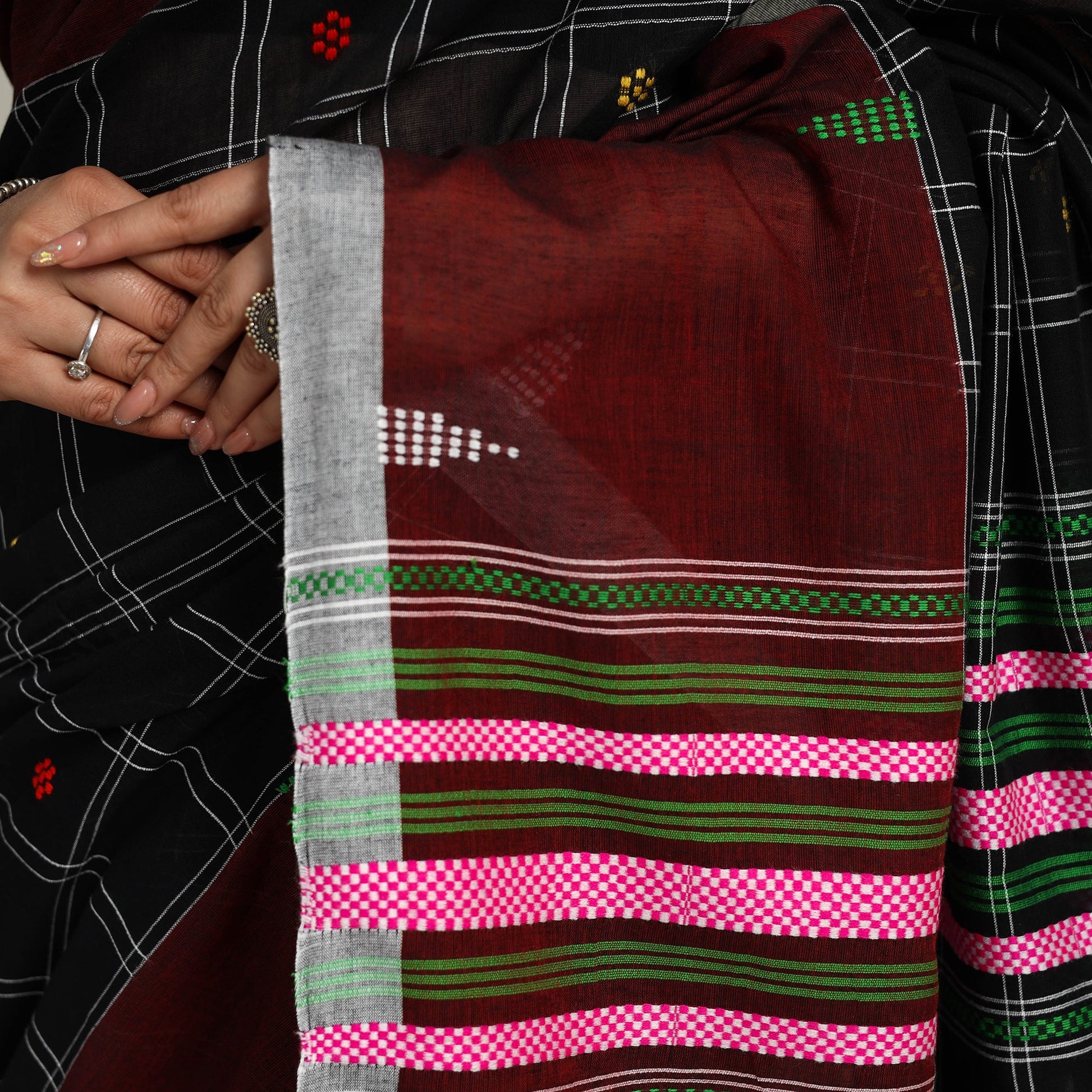 Black - Phulia Handloom Cotton Saree with Thread Buti 17