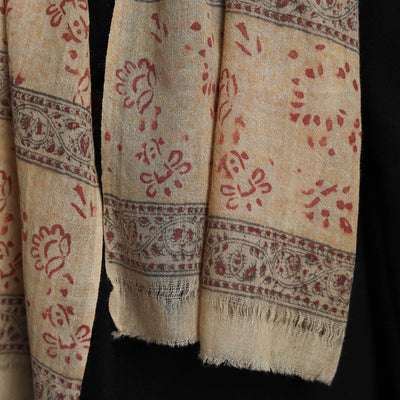 Beige - Block Print Pedana Kalamkari Wool Stole 01