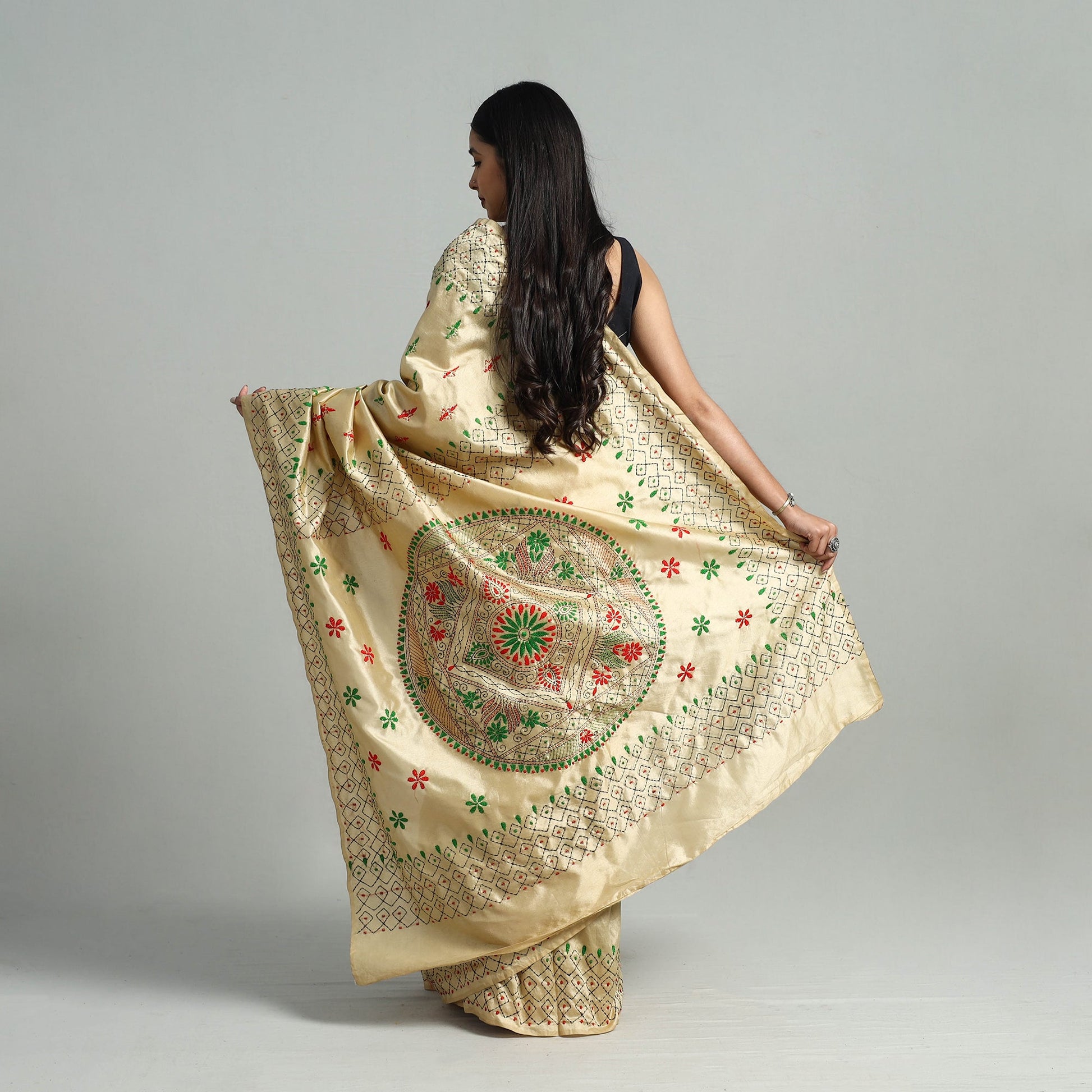 Beige - Bengal Silk Nakshi Kantha Hand Embroidery Saree 07